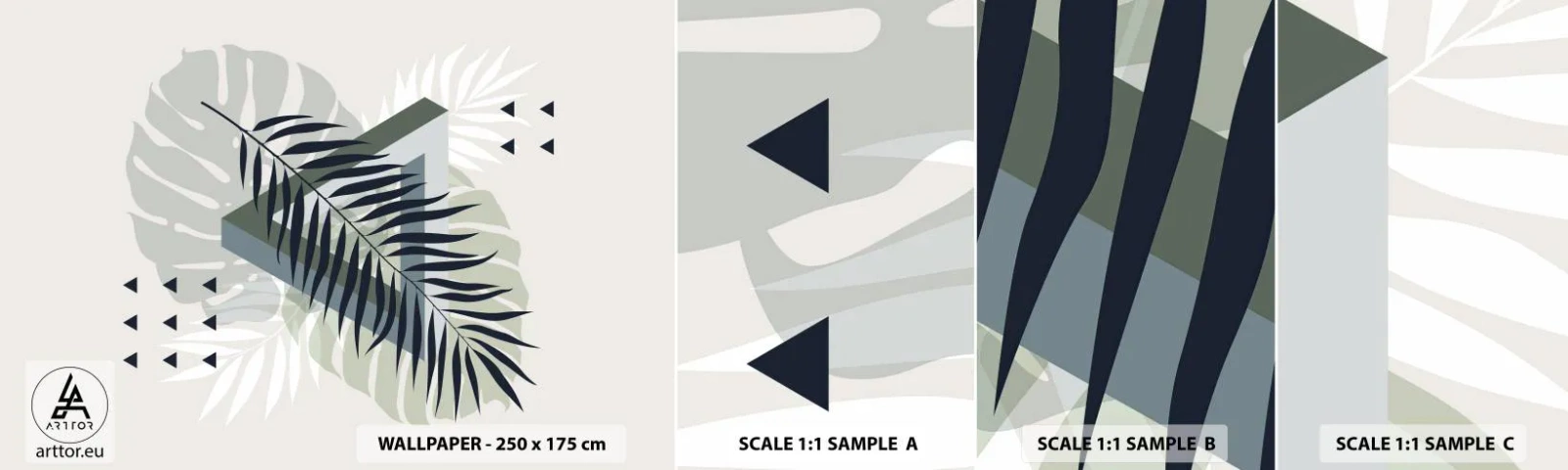 Échantillon de Papier Peint Autocollant Deluxe Sticker - Nature et géométrie - deux odres? - Feuille de Monstera, Feuille de palmier, Graphique - 100x30 cm