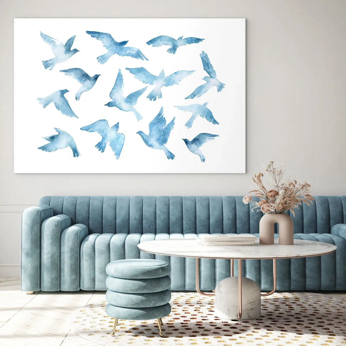 Impression sur verre - Image sur verre - Illustration d'oiseaux bleus sur fond blanc - 70x50cm - Oiseaux bleus - Décoration murale moderne pour le salon et la chambre ARTTOR