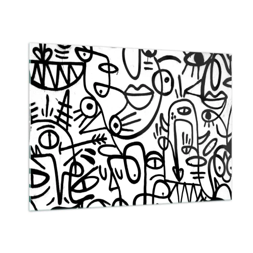 Impression sur verre - Image sur verre - Abstraction en noir et blanc avec des yeux, des visages et des lignes - 100x70cm - Visages et mirages - Décoration murale moderne pour le salon et la chambre ARTTOR