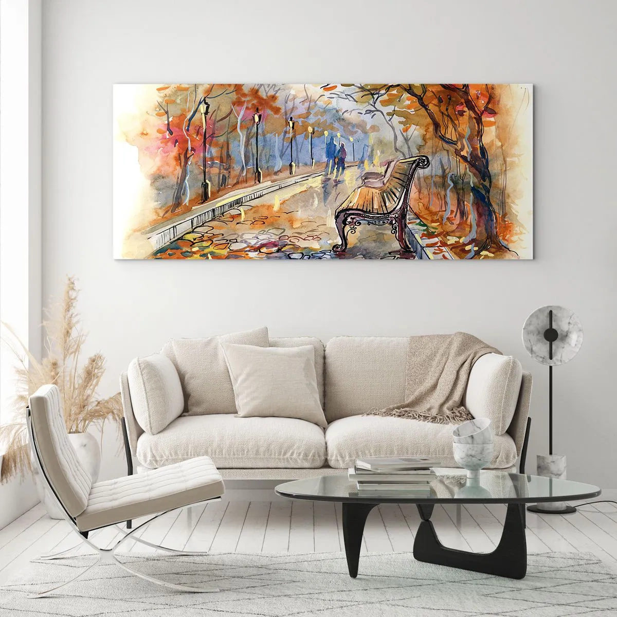 Impression sur verre - Image sur verre - Un parc d'automne avec un banc à l'aquarelle - 120x50cm - Errer ensemble à l'automne - Décoration murale moderne pour le salon et la chambre ARTTOR