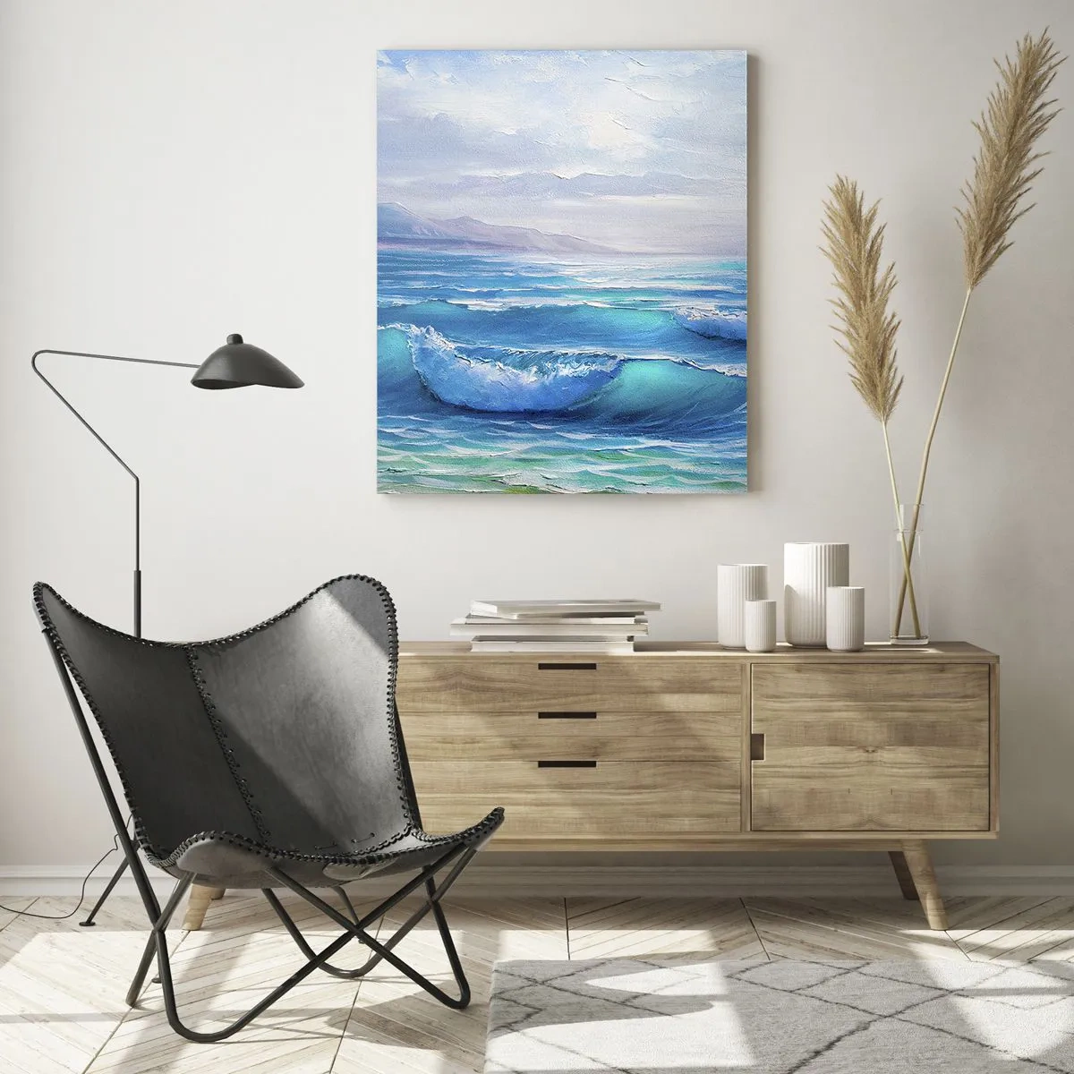 Impression sur verre - Image sur verre - Les vagues bleues de la mer lèchent le rivage par une journée ensoleillée - 50x70cm - Il apporte un soulagement - Décoration murale moderne pour le salon et la chambre ARTTOR