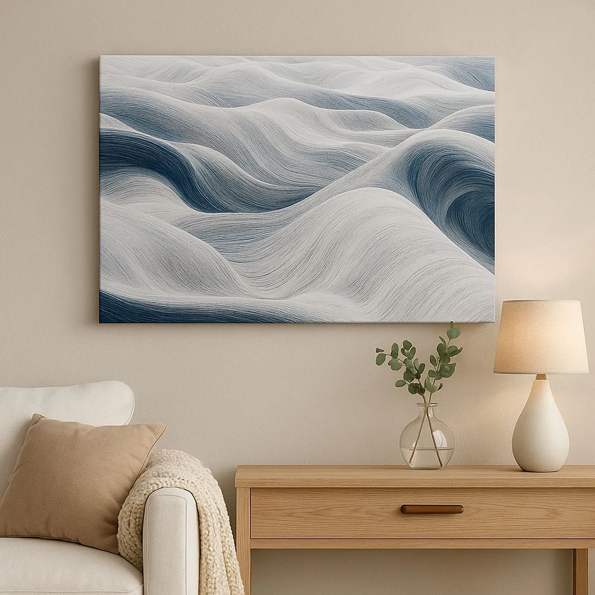 Impression sur toile - Image sur toile - Lignes ondulées dans des tons de bleu et de blanc - 70x50cm - Vagues blanches et bleues - Décoration murale moderne pour le salon et la chambre ARTTOR