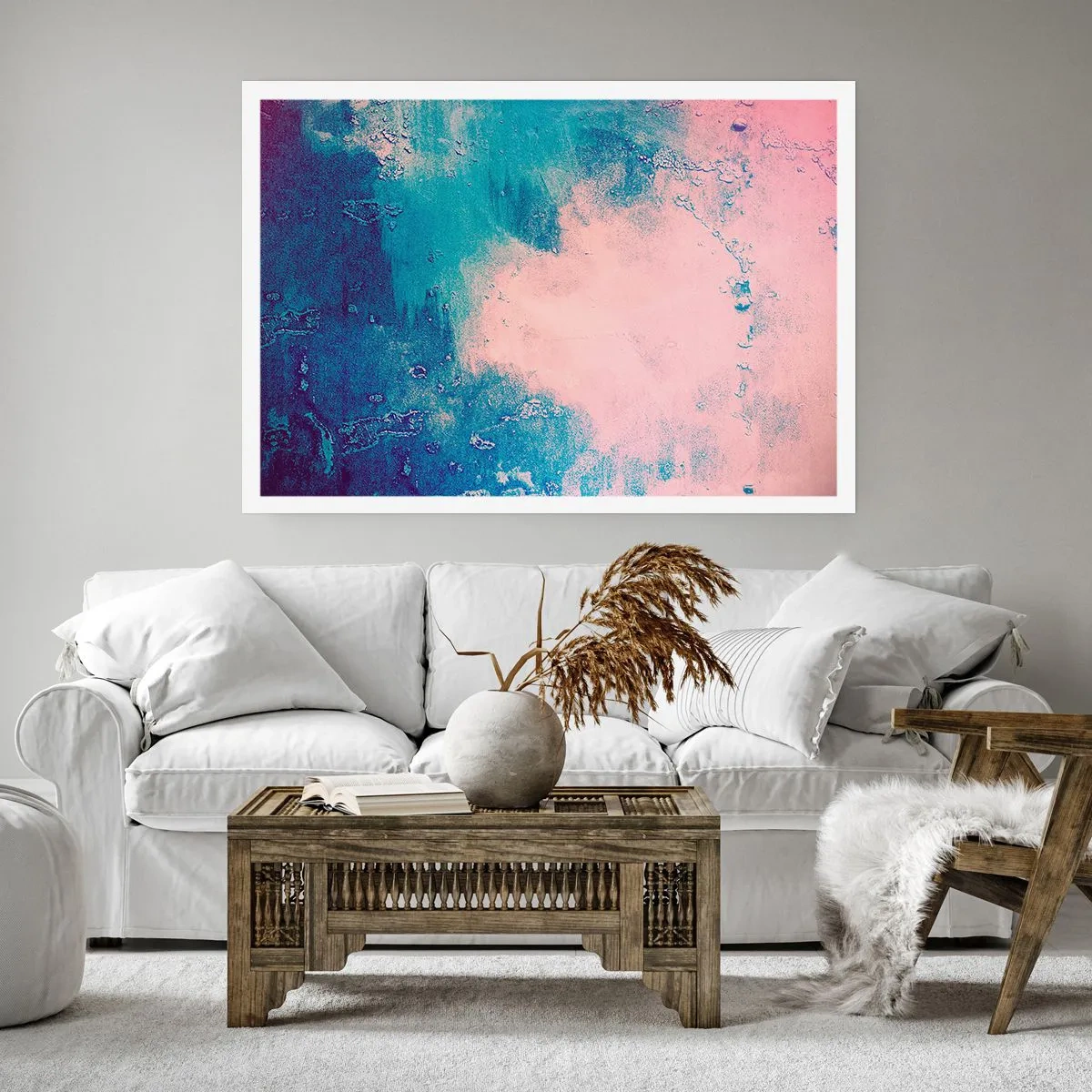 Affiche - Poster - Texture abstraite dans les tons de rose et de bleu - 100x70cm - Etreintes bleues - Décoration murale moderne pour le salon et la chambre ARTTOR