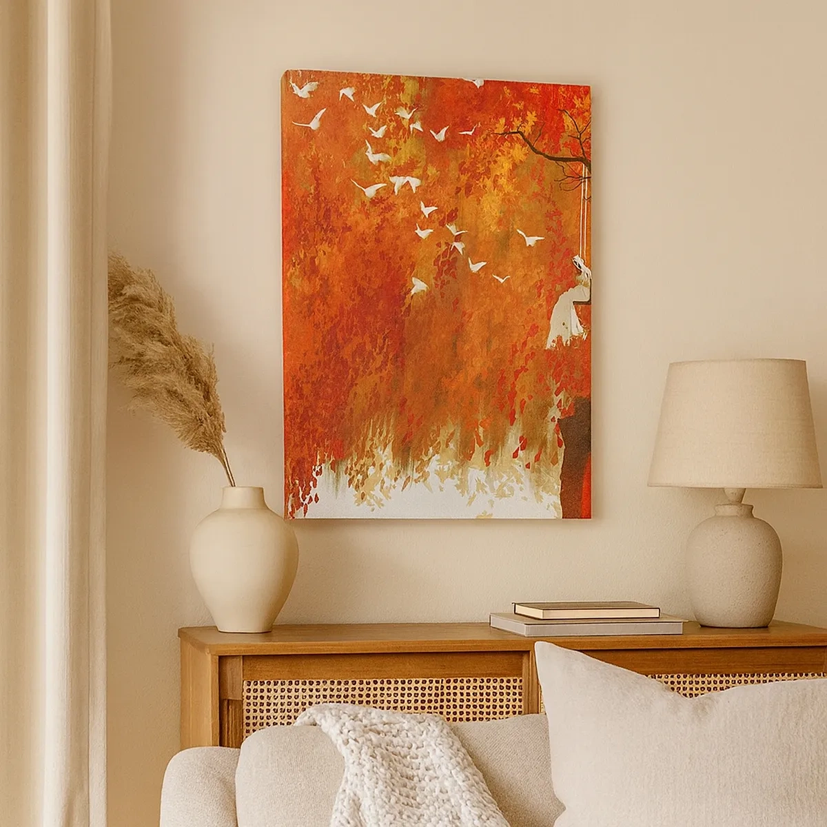 Impression sur toile - Image sur toile - Une silhouette sur une balançoire près d'un arbre entouré de feuilles rouges - 50x70cm - S'envolera-t-il avec eux ? - Décoration murale moderne pour le salon et la chambre ARTTOR