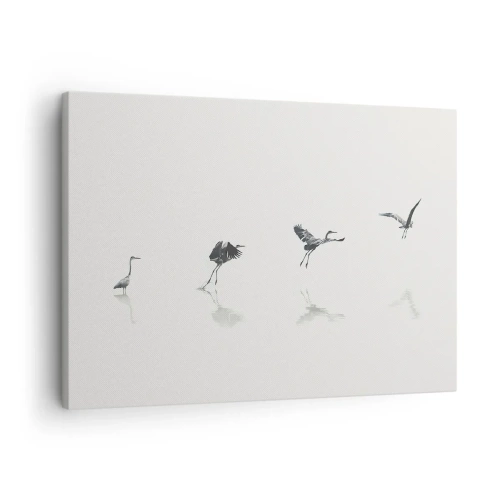 Impression sur toile - Image sur toile - Quatre silhouettes d'oiseaux se reflètent dans l'eau calme - 70x50cm - Quatre étapes simples - Décoration murale moderne pour le salon et la chambre ARTTOR