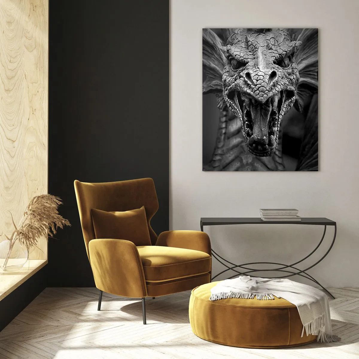 Impression sur verre - Image sur verre - Une tête de dragon menaçante en noir et blanc avec des détails expressifs. - 70x100cm - Un dragon imaginaire grisâtre - Décoration murale moderne pour le salon et la chambre ARTTOR