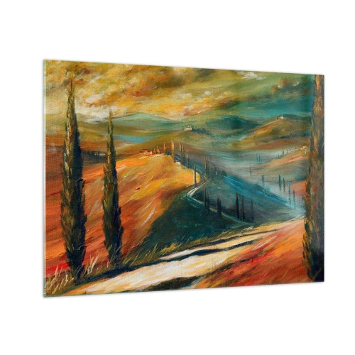 Impression sur verre - Image sur verre - Coucher de soleil sur une colline toscane - 70x50cm - paysage toscan - Décoration murale moderne pour le salon et la chambre ARTTOR