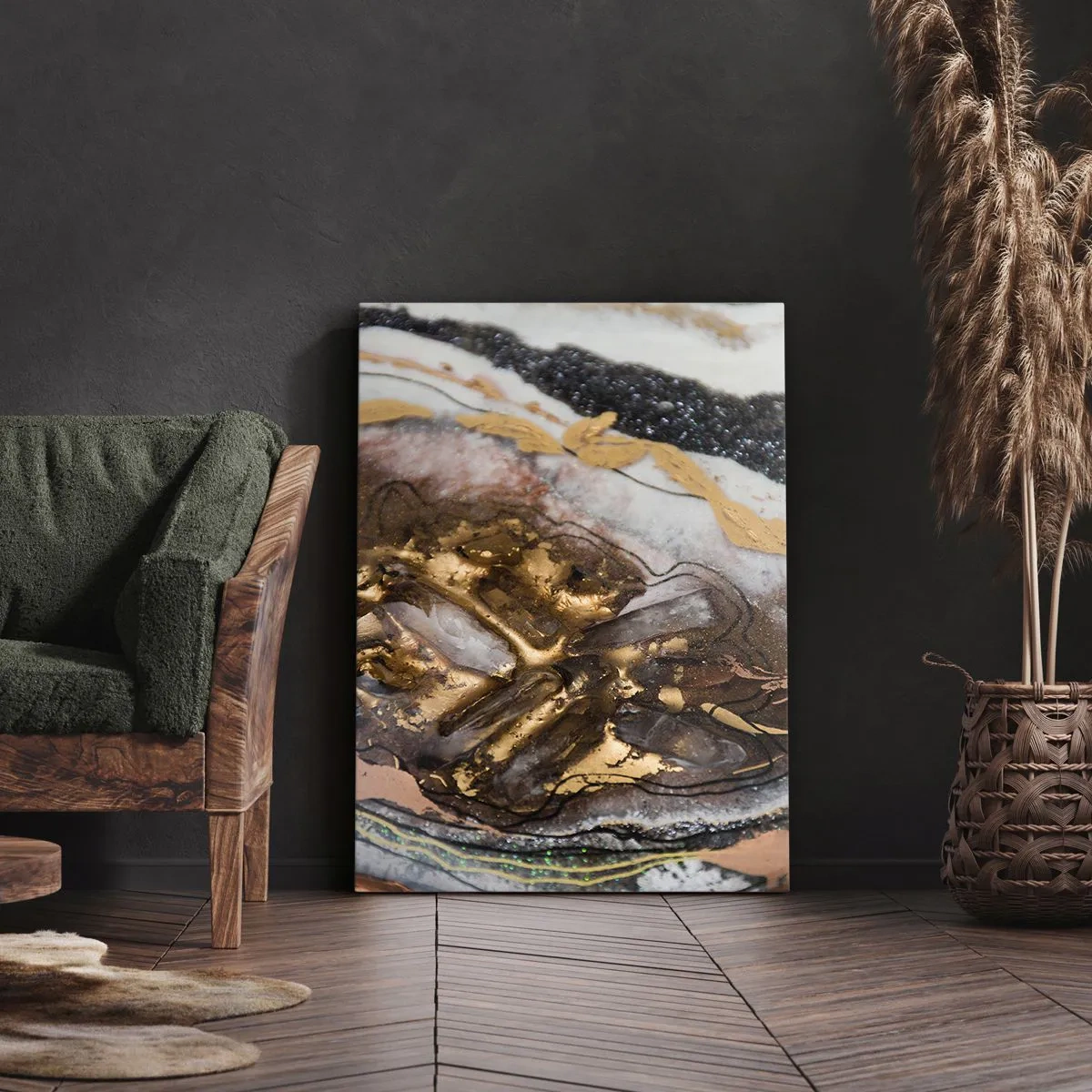 Impression sur toile - Image sur toile - Composition abstraite avec des éléments d'or et de cristaux - 70x100cm - Élément de la terre - Décoration murale moderne pour le salon et la chambre ARTTOR