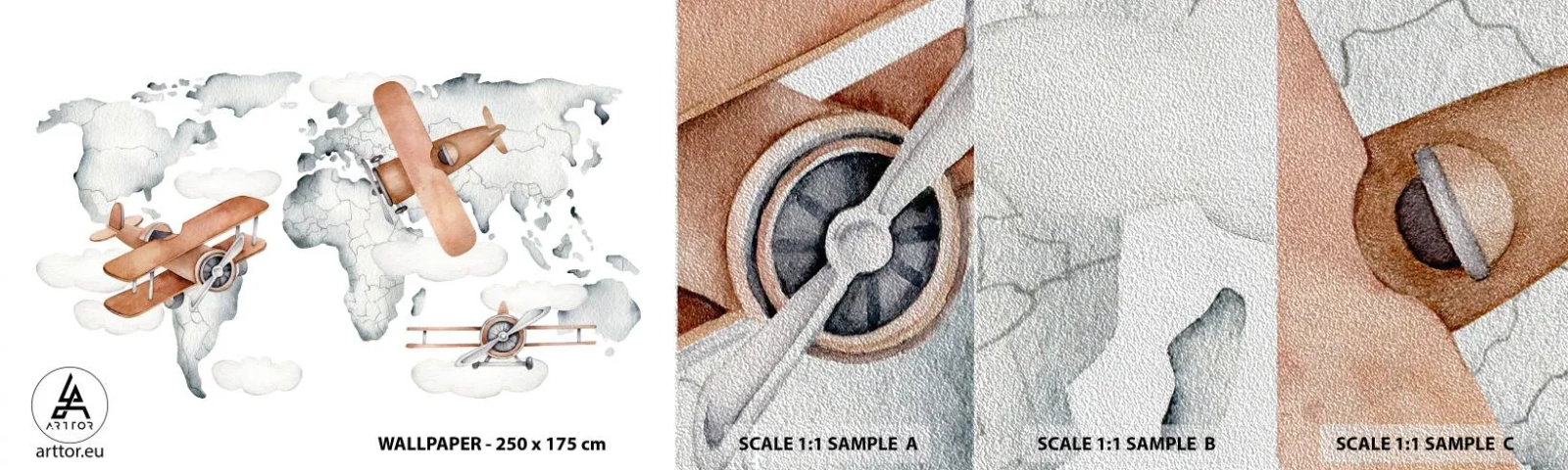 Échantillon de Papier Peint Premium Sand - Dans un esprit pionnier - Carte du monde, Avions, Enfants - 100x30 cm