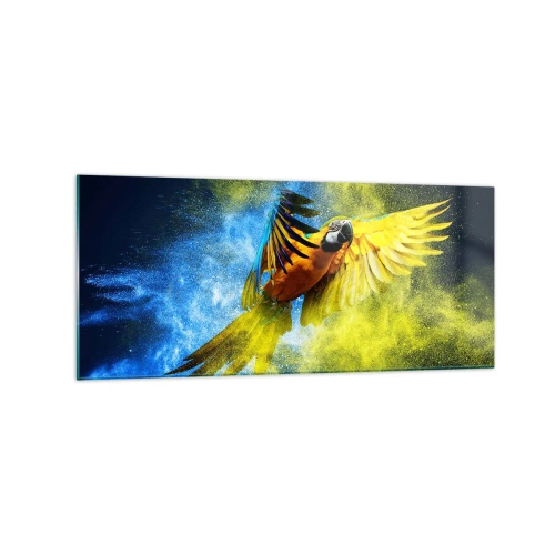 Impression sur verre - Image sur verre - Un perroquet en vol sur fond d'explosions colorées de jaune et de bleu. - 120x50cm - Dans la poussière bleue et dorée - Décoration murale moderne pour le salon et la chambre ARTTOR