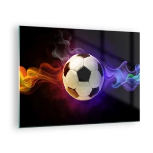 Impression sur verre - Image sur verre - Un ballon de football entouré de stries colorées - 70x50cm - Le pouvoir magique du jeu - Décoration murale moderne pour le salon et la chambre ARTTOR