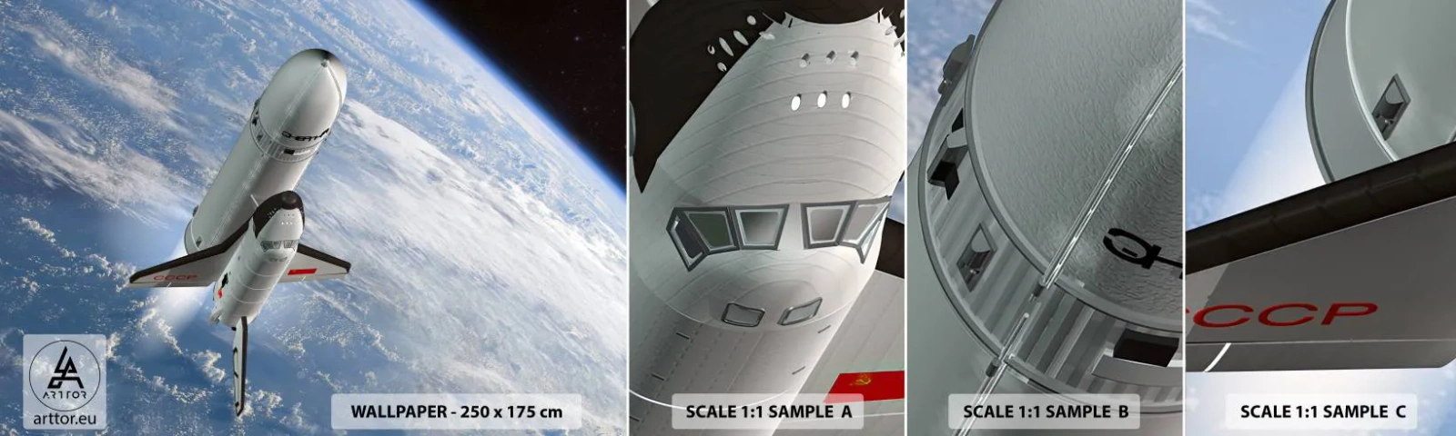 Échantillon de Papier Peint Autocollant Deluxe Sticker - Ascension cosmique - Cosmos, Spoutnik, Une fusée spatiale - 100x30 cm