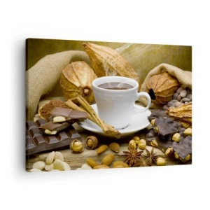 Impression sur toile - Image sur toile - Une tasse de chocolat chaud entourée de cacao et de cannelle - 70x50cm - Pour les amateurs de sensations fortes - Décoration murale moderne pour le salon et la chambre ARTTOR