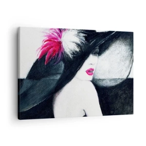 Impression sur toile - Image sur toile - Femme élégante avec un chapeau à plumes - 70x50cm - Toujours un secret - Décoration murale moderne pour le salon et la chambre ARTTOR