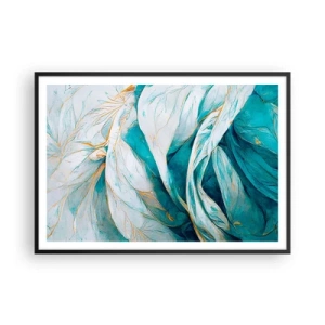 Affiche dans un cadre noir - Poster - Feuilles bleues abstraites avec des détails dorés - 100x70cm - Abstraction bleue avec un motif doré - Décoration murale moderne pour le salon et la chambre ARTTOR