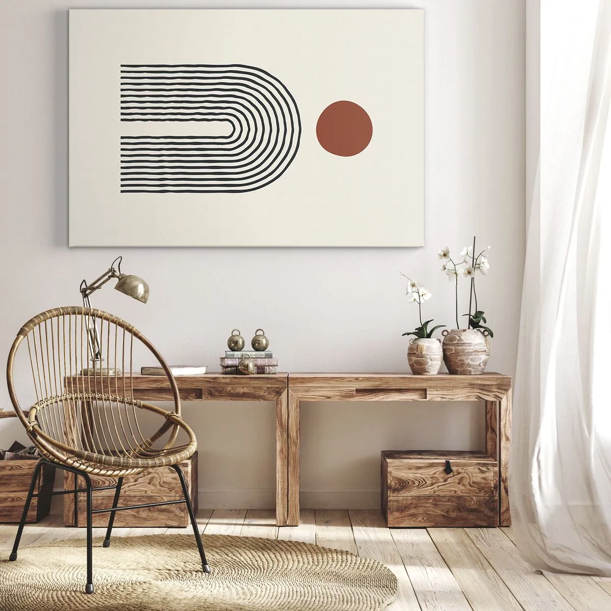 Impression sur toile - Image sur toile - Motif abstrait moderne avec des lignes et un cercle rouge - 70x50cm - Le magnétisme des formes et des couleurs - Décoration murale moderne pour le salon et la chambre ARTTOR