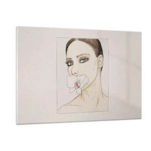 Impression sur verre - Image sur verre - Portrait d'une femme avec une orchidée dans la bouche sur un fond clair - 120x80cm - Symbole de l'élégance et de la beauté - Décoration murale moderne pour le salon et la chambre ARTTOR