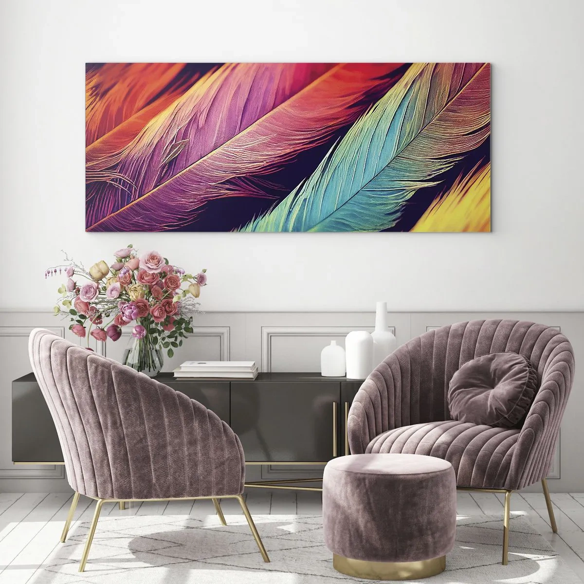 Impression sur verre - Image sur verre - Arc-en-ciel de plumes - 100x40 cm