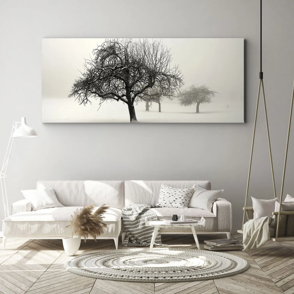 Impression sur toile - Image sur toile - Arbres dans un champ enneigé entouré de brouillard - 120x50cm - Un rêve hivernal - Décoration murale moderne pour le salon et la chambre ARTTOR