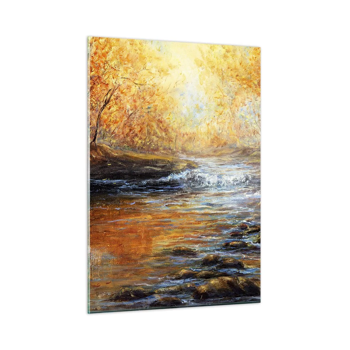 Impression sur verre - Image sur verre - Un ruisseau doré dans la forêt entouré d'arbres d'automne - 50x70cm - Le ruisseau d'or - Décoration murale moderne pour le salon et la chambre ARTTOR
