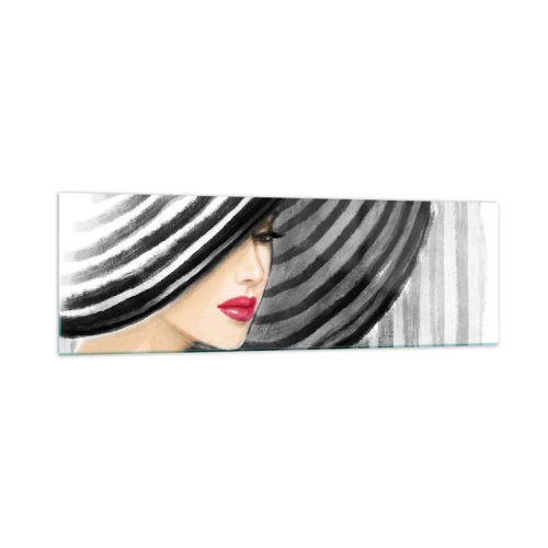 Impression sur verre - Image sur verre - Femme portant un chapeau noir et blanc avec une touche rouge - 160x50cm - Où te chercher ? - Décoration murale moderne pour le salon et la chambre ARTTOR