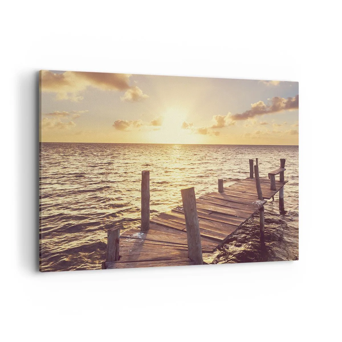 Impression sur toile - Image sur toile - Une jetée en bois menant vers le coucher du soleil - 100x70cm - La terre d'or de la douceur - Décoration murale moderne pour le salon et la chambre ARTTOR