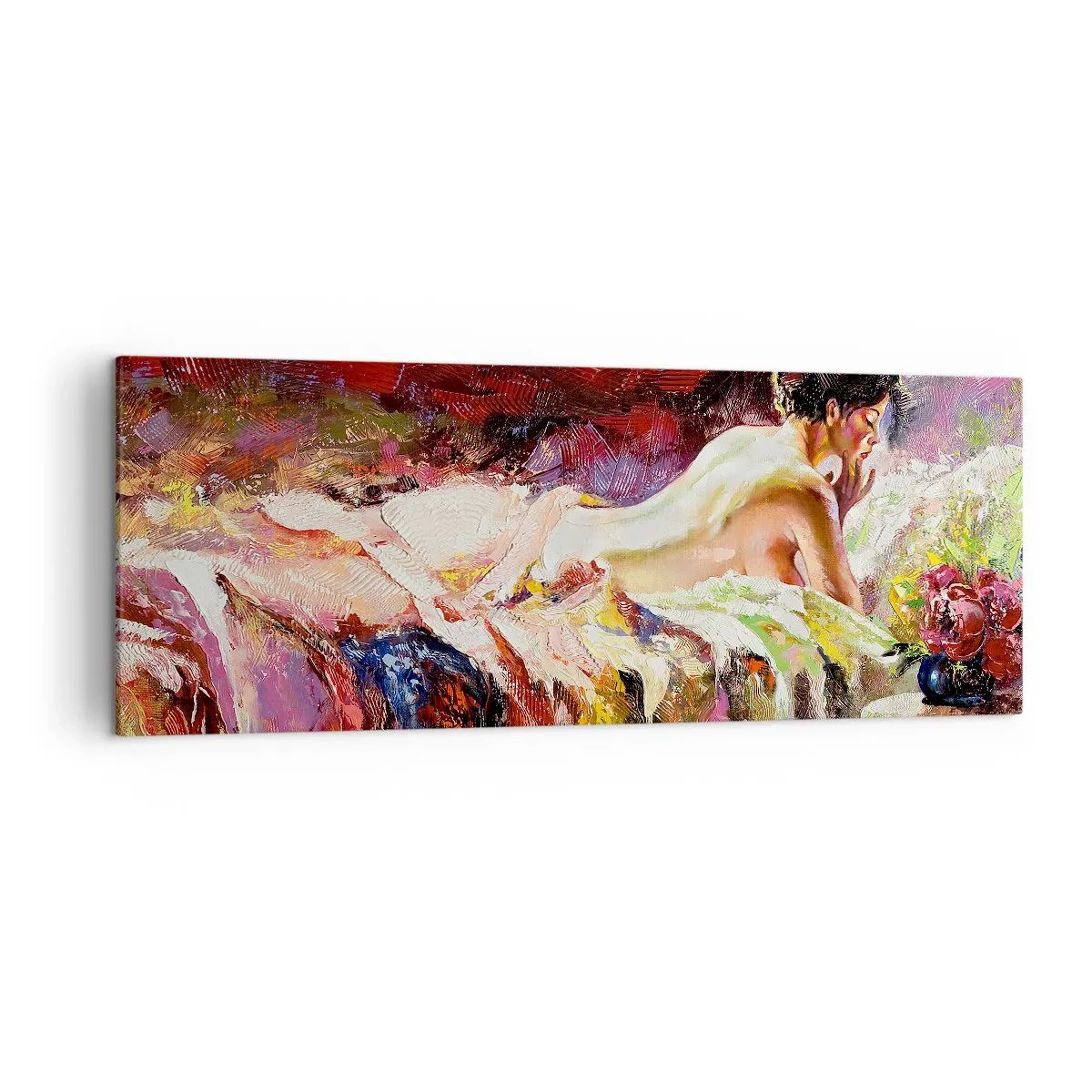 Impression sur toile - Image sur toile - Une femme allongée sur un lit sur un fond de couleurs abstraites. - 140x50cm - Vénus en pensée - Décoration murale moderne pour le salon et la chambre ARTTOR