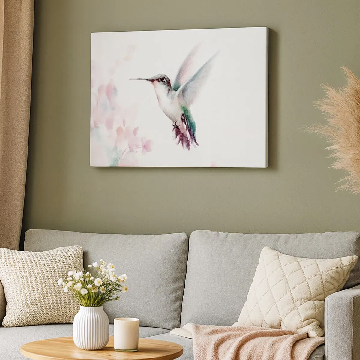 Impression sur toile - Image sur toile - Un colibri aux couleurs pastel délicates sur un fond de fleurs - 70x50cm - Immortalisé dans un battement - Décoration murale moderne pour le salon et la chambre ARTTOR