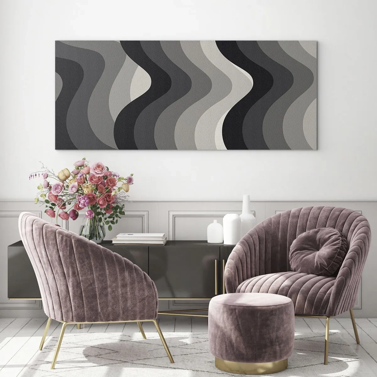 Impression sur verre - Image sur verre - Motifs ondulés noirs et blancs dans des tons de gris - 140x50cm - Vague après vague - Décoration murale moderne pour le salon et la chambre ARTTOR