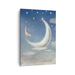 Impression sur toile - Image sur toile - Une femme dans la lune entourée d'étoiles et de nuages - 70x100cm - Valise bleue - Décoration murale moderne pour le salon et la chambre ARTTOR