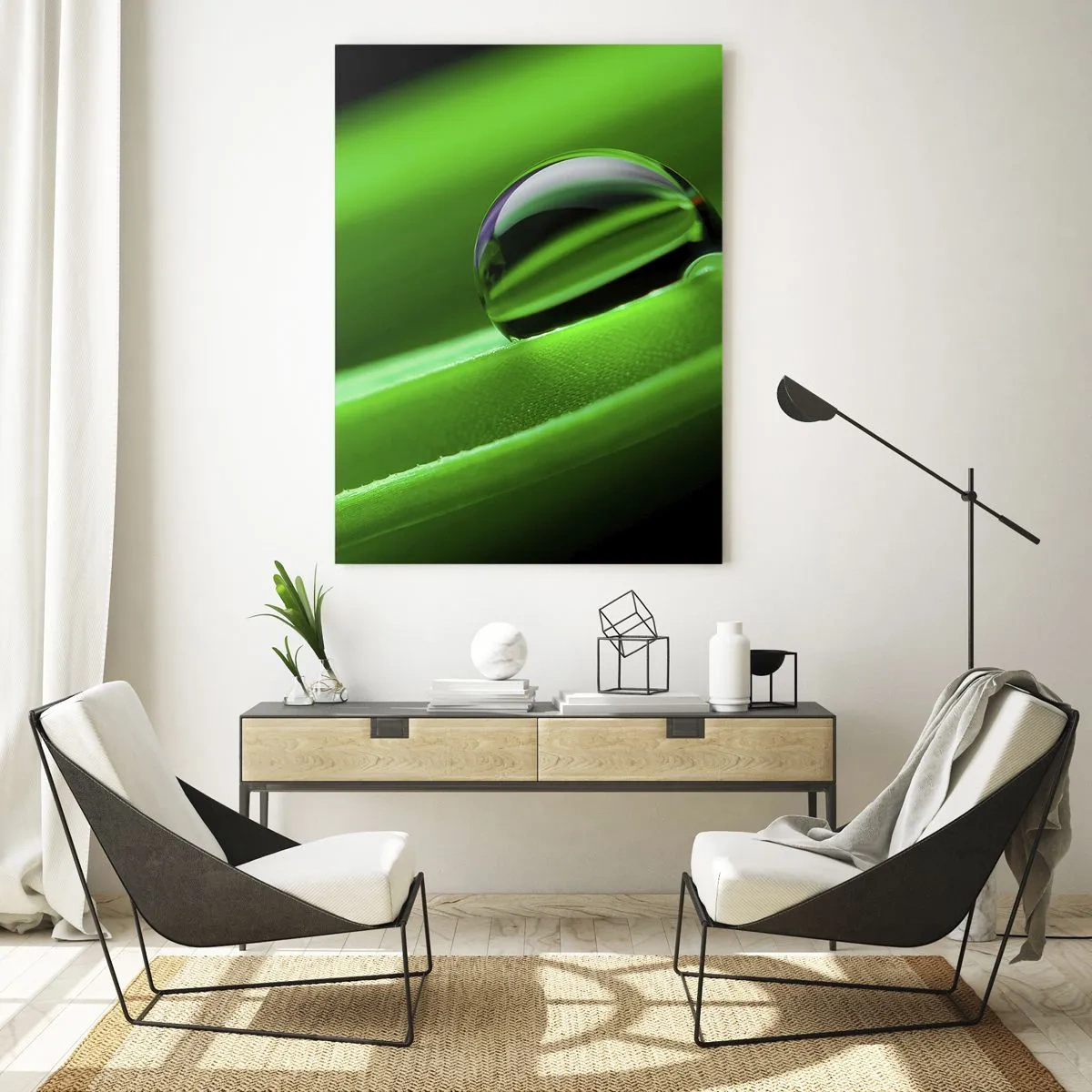 Impression sur verre - Image sur verre - Une goutte de rosée sur une feuille verte - 50x70cm - La vie de près - Décoration murale moderne pour le salon et la chambre ARTTOR