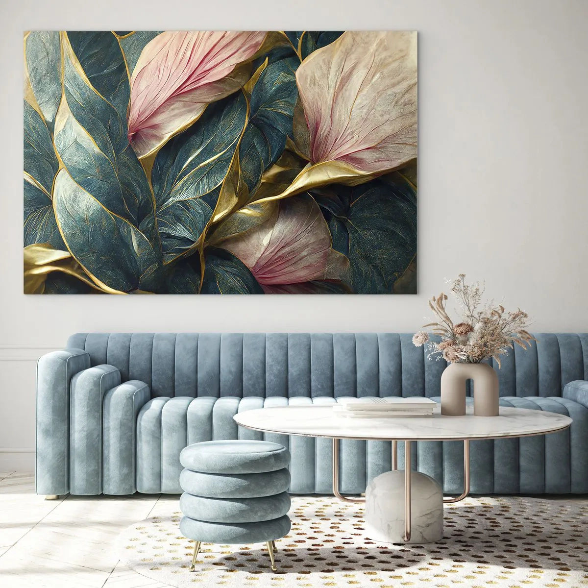 Impression sur verre - Image sur verre - Feuilles vertes et roses avec des accents dorés - 70x50cm - Élégance et style naturels - Décoration murale moderne pour le salon et la chambre ARTTOR