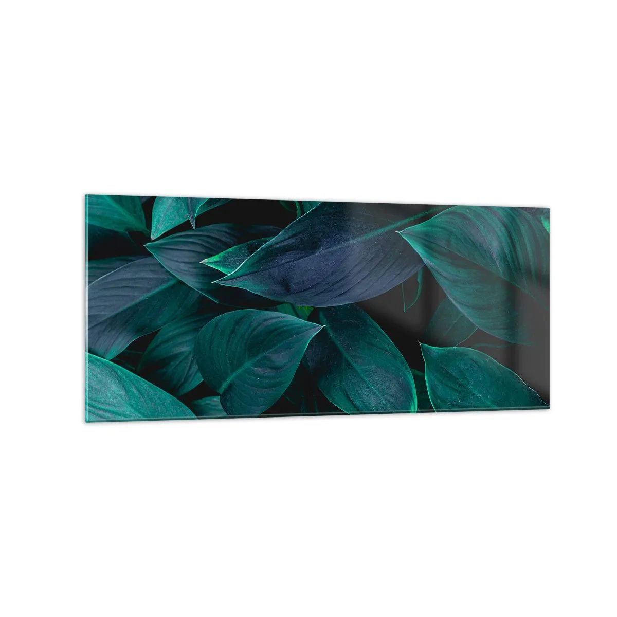 Impression sur verre - Image sur verre - Gros plan de feuilles vertes sur fond sombre - 120x50cm - le vert lui-même - Décoration murale moderne pour le salon et la chambre ARTTOR