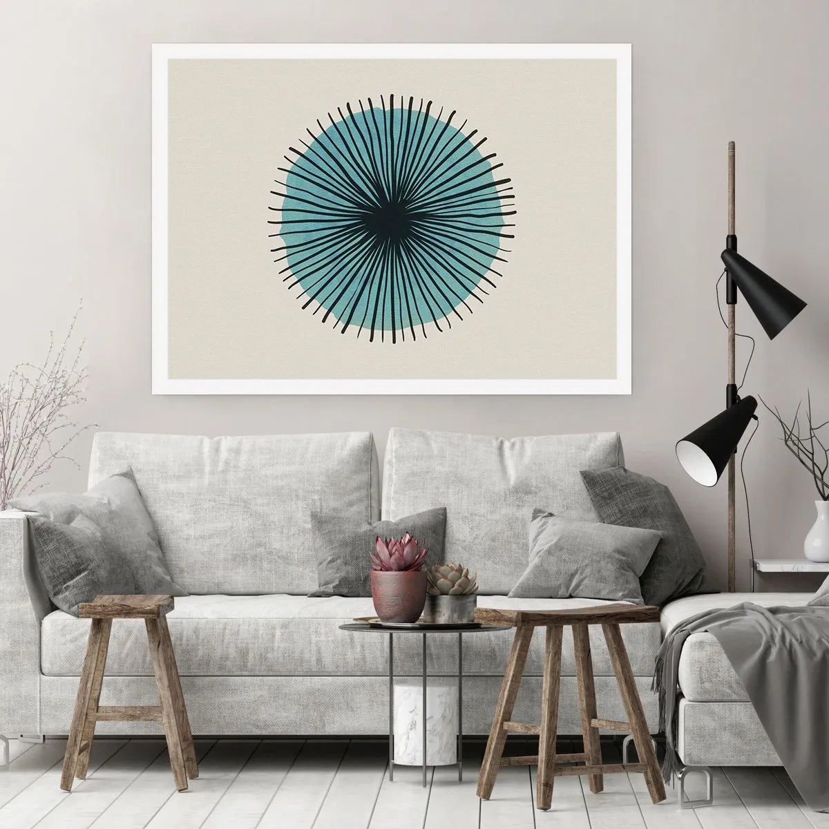 Affiche - Poster - Forme circulaire abstraite avec des rayons bleus - 100x70cm - Rayonnant dans l'azur - Décoration murale moderne pour le salon et la chambre ARTTOR