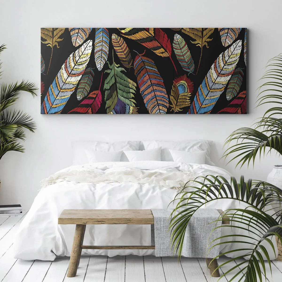 Impression sur toile - Image sur toile - Plumes colorées sur fond noir - 160x50cm - Le carnaval des oiseaux - Décoration murale moderne pour le salon et la chambre ARTTOR