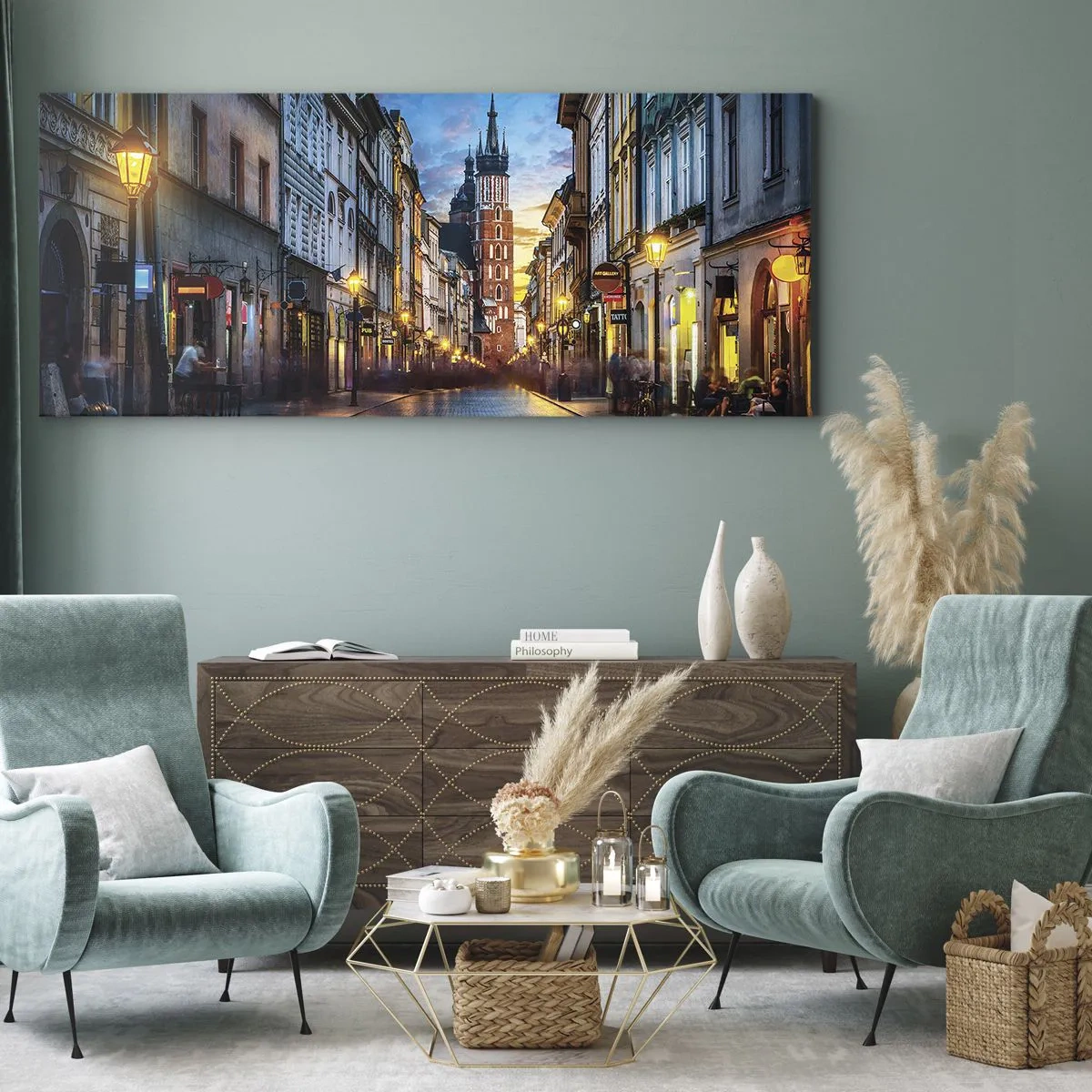 Impression sur toile - Image sur toile - Rue du soir avec vue sur la cathédrale de Cracovie - 120x50cm - La magie de Cracovie - Décoration murale moderne pour le salon et la chambre ARTTOR