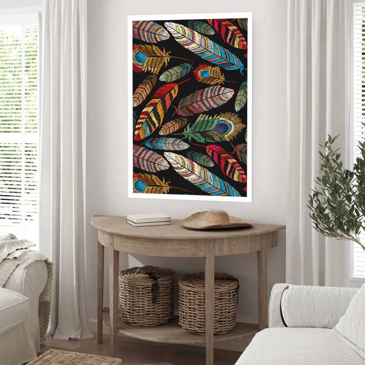 Affiche - Poster - Plumes colorées sur fond noir - 50x70cm - Le carnaval des oiseaux - Décoration murale moderne pour le salon et la chambre ARTTOR