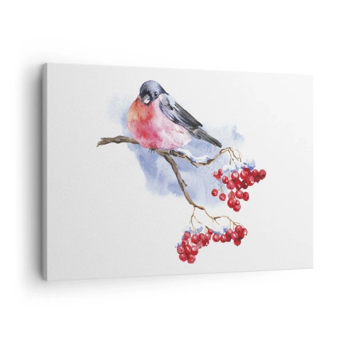 Impression sur toile - Image sur toile - Oiseau sur une branche avec des fruits rouges sur fond aquarelle - 70x50cm - L'hiver en couleurs - Décoration murale moderne pour le salon et la chambre ARTTOR