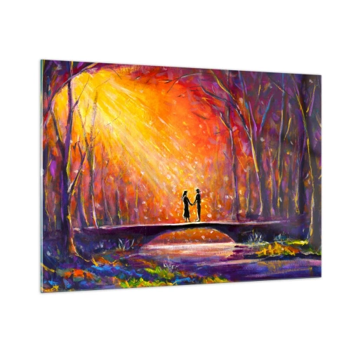 Impression sur verre - Image sur verre - Un couple sur un pont à la lumière du soleil couchant, entouré d'arbres. - 100x70cm - Le ciel les aime aussi - Décoration murale moderne pour le salon et la chambre ARTTOR
