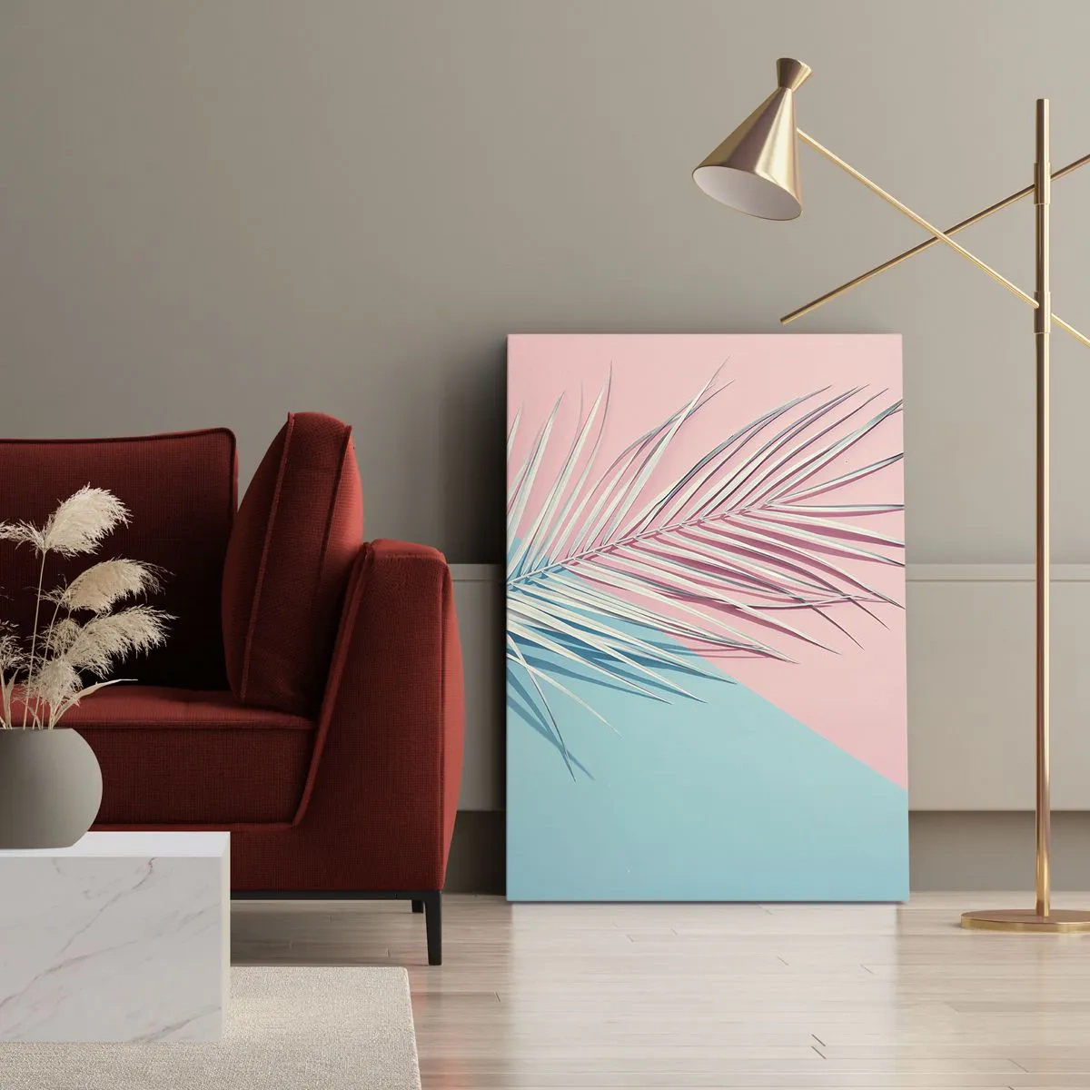 Impression sur toile - Image sur toile - Feuille tropicale sur un fond de tons pastel de rose et de bleu - 50x70cm - Impression tropicale - Décoration murale moderne pour le salon et la chambre ARTTOR