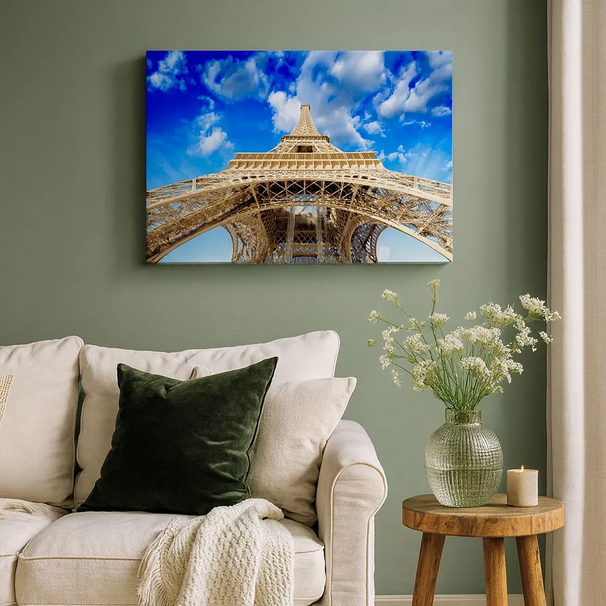 Impression sur toile - Image sur toile - La Tour Eiffel vue d'en bas contre un ciel bleu - 70x50cm - Atteindre le ciel et les nuages - Décoration murale moderne pour le salon et la chambre ARTTOR