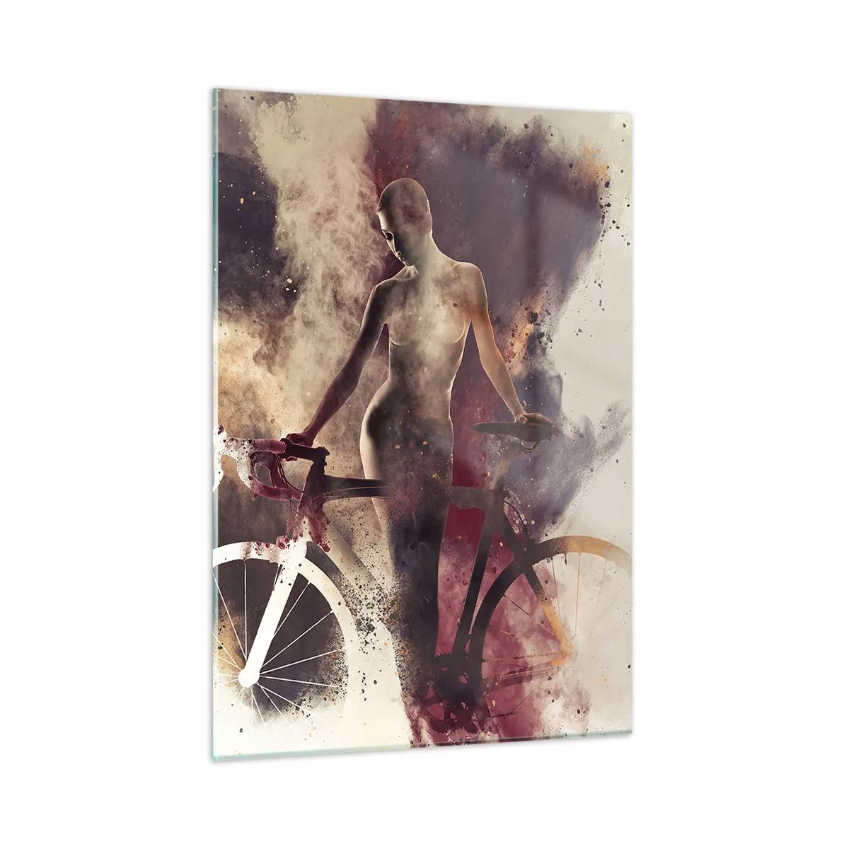 Impression sur verre - Image sur verre - Silhouette d'un vélo dans un nuage artistique de couleurs - 50x70cm - Une âme de vélo aux formes marbrées - Décoration murale moderne pour le salon et la chambre ARTTOR