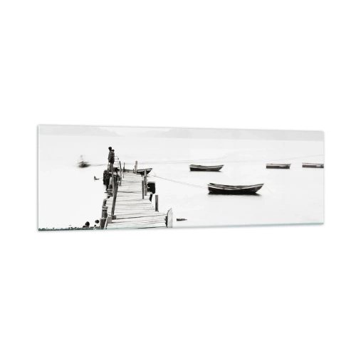 Impression sur verre - Image sur verre - Jetée en bois et bateaux sur une eau calme - 160x50cm - Calme et propre au bord de l'eau - Décoration murale moderne pour le salon et la chambre ARTTOR