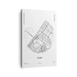 Impression sur toile - Image sur toile - Une carte minimaliste en noir et blanc de Dubaï avec des marquages de localisation. - 80x120cm - Anatomie de Dubaï - Décoration murale moderne pour le salon et la chambre ARTTOR