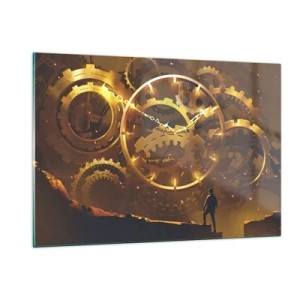 Impression sur verre - Image sur verre - Engrenages steampunk dorés avec rétroéclairage sur une silhouette humaine - 120x80cm - À la source du temps - Décoration murale moderne pour le salon et la chambre ARTTOR