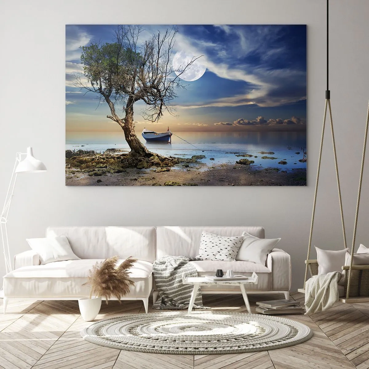 Impression sur verre - Image sur verre - Un bateau solitaire près d'un arbre sur fond de lune - 120x80cm - Est-ce la fin ou le début ? - Décoration murale moderne pour le salon et la chambre ARTTOR