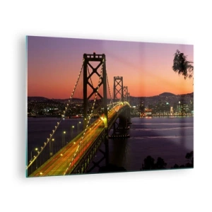 Impression sur verre - Image sur verre - Le pont la nuit dans la ville et la lumière du coucher du soleil - 70x50cm - Soirée violette - Décoration murale moderne pour le salon et la chambre ARTTOR