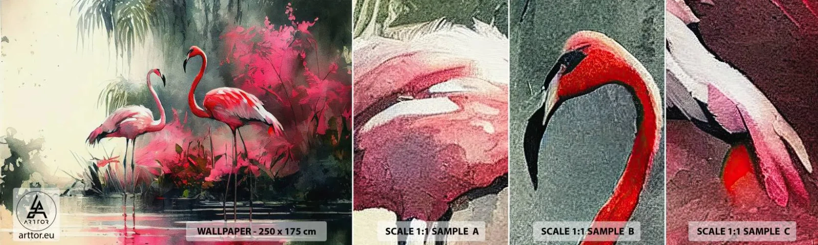 Échantillon de Papier Peint Autocollant Deluxe Sticker - Une leçon de grâce naturelle - Flamants roses, Morceau, Paysage - 100x30 cm