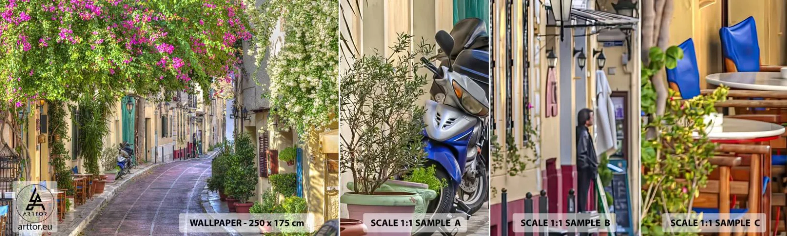 Échantillon De Papier Peint Standard Eco - Allée fleurie - Architecture, Grèce, Ville - 100x30 cm