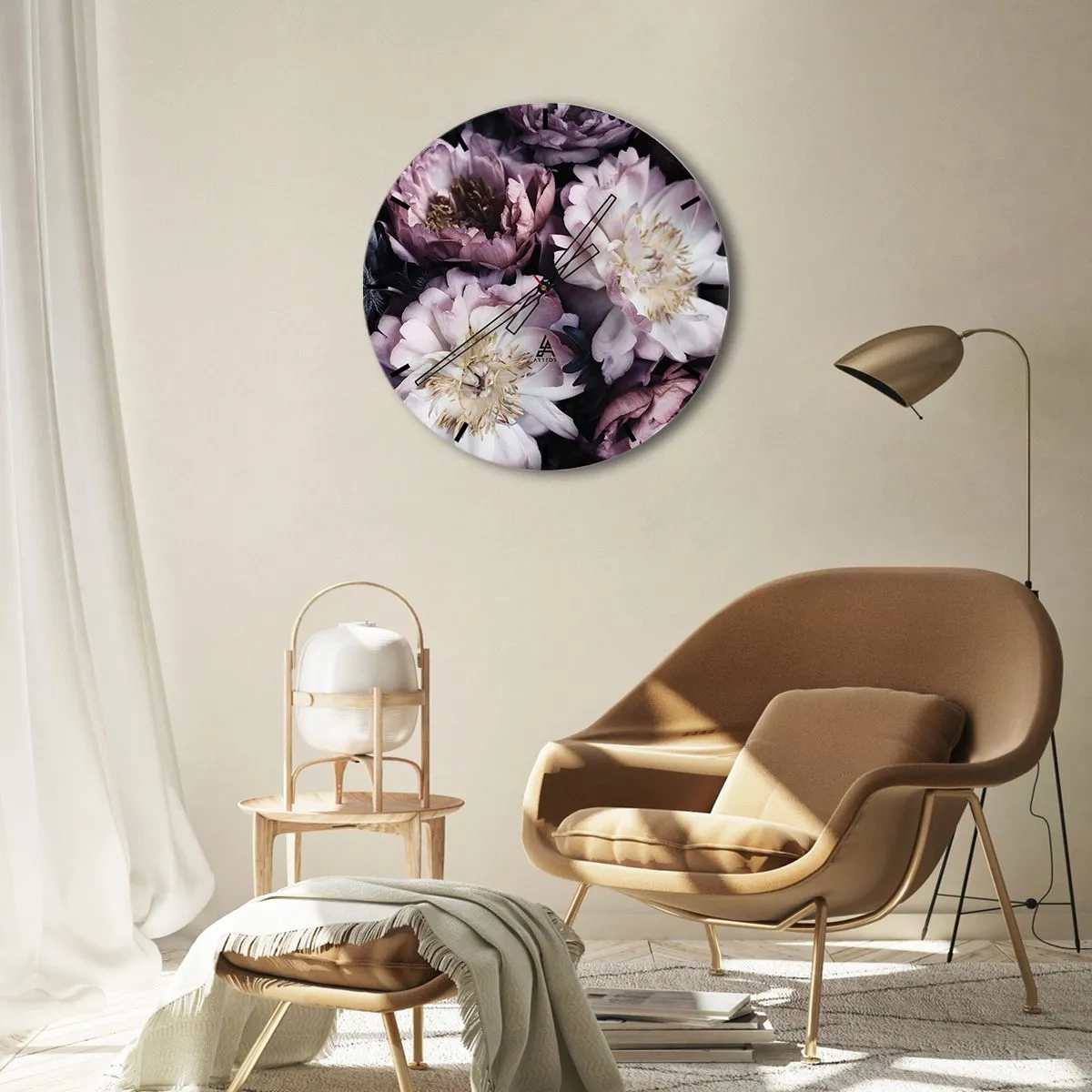Horloge murale - Pendule murale - Pivoines roses et crème dans un arrangement dense et ombragé - 30x30cm - Bouquet à l'ancienne - Décoration murale moderne pour le salon, la cuisine et la chambre ARTTOR